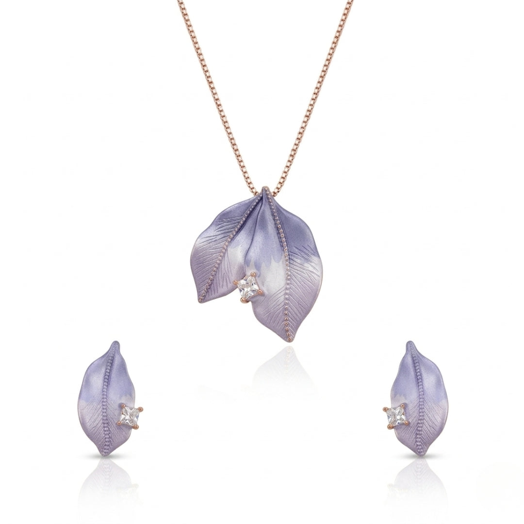 Sterling Silver Rose Gold Plated Lavender Leaf Pendant with Earrings Set for Women