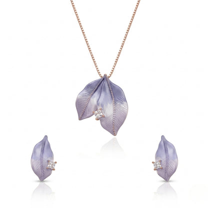 Sterling Silver Rose Gold Plated Lavender Leaf Pendant with Earrings Set for Women