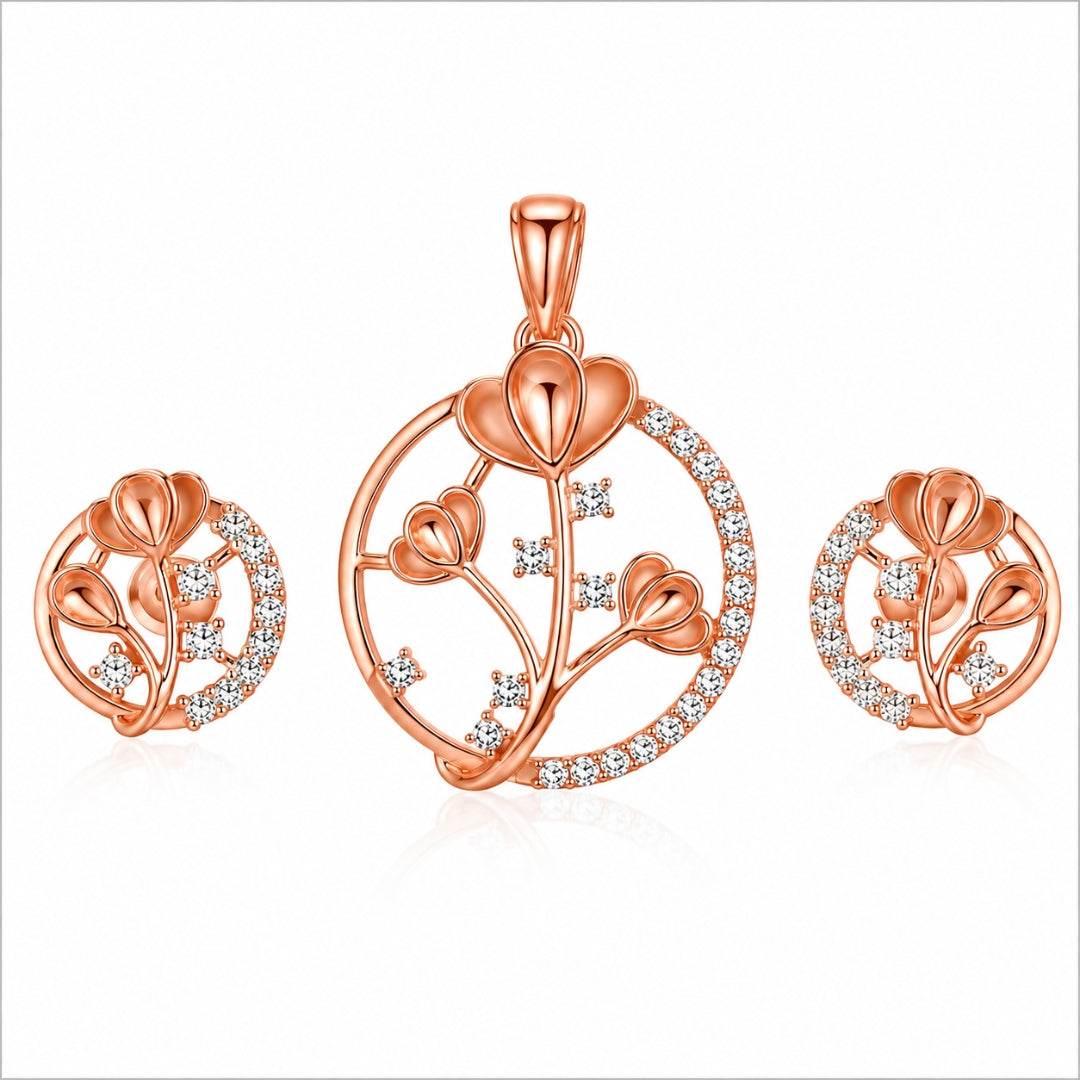 Sterling Silver Rose Gold Plated Flower Pendant(without chain) with Matching Earrings Set for Women & Girls