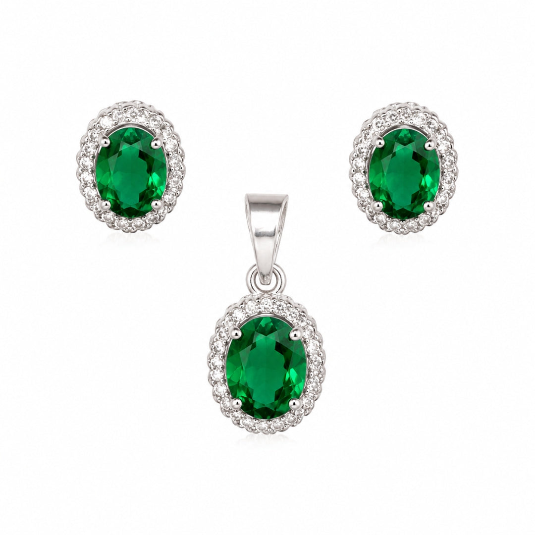 Sterling Silver Green Oval Stone and Cubic Zirconia Pendant(without chain) with Matching Earring Set for Women and Girls