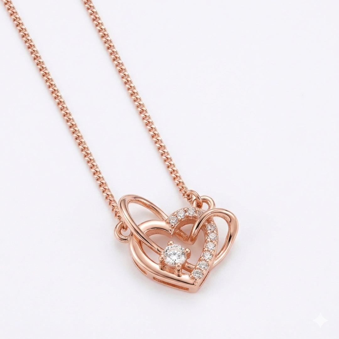 Sterling Silver Rose Gold Plated Twin Heart Chain Pendant for Women