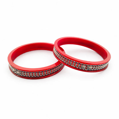 925 Sterling Silver Red Pola Bangle Pair with Floral Band Detailing for Women