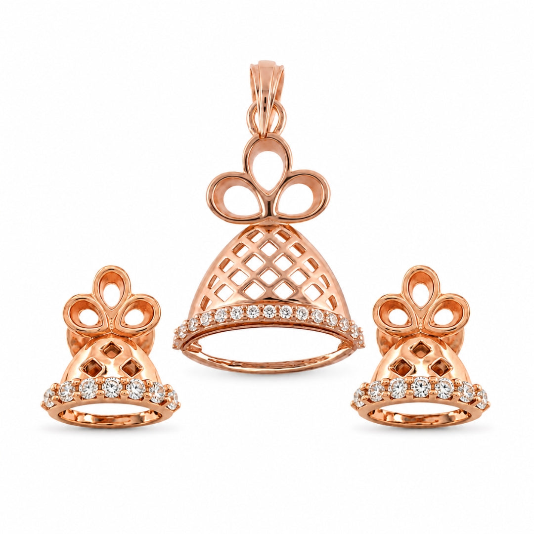 Sterling Silver Rose Gold Plated Bell Pendant(without chain) with Matching Earrings Set for Women & Girls