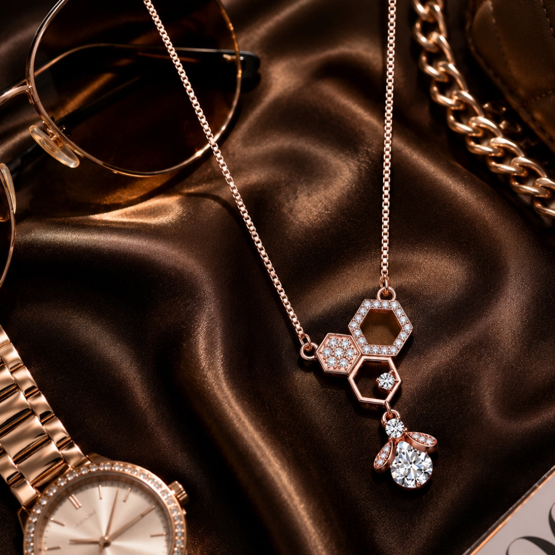 Sterling Silver Rose Gold Plated Bee Hanging Hive Pendant With Chain For Women & Girls