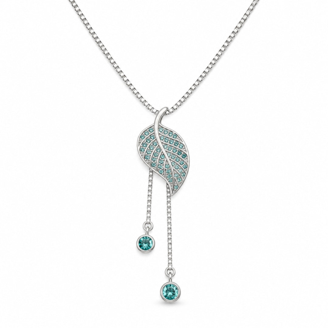 925 Sterling Silver Aqua Stone Leaf Drop Chain Pendant for Women