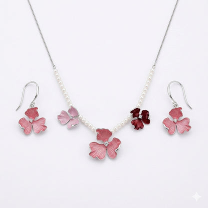Sterling Silver Pink Floral Chain Pendant with Earrings Set for Women