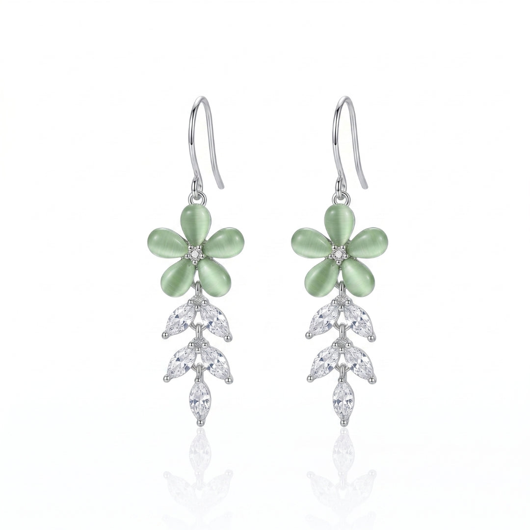 Sterling Silver Green Floral CZ Leaf Dangler Earrings for Women