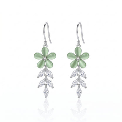 Sterling Silver Green Floral CZ Leaf Dangler Earrings for Women