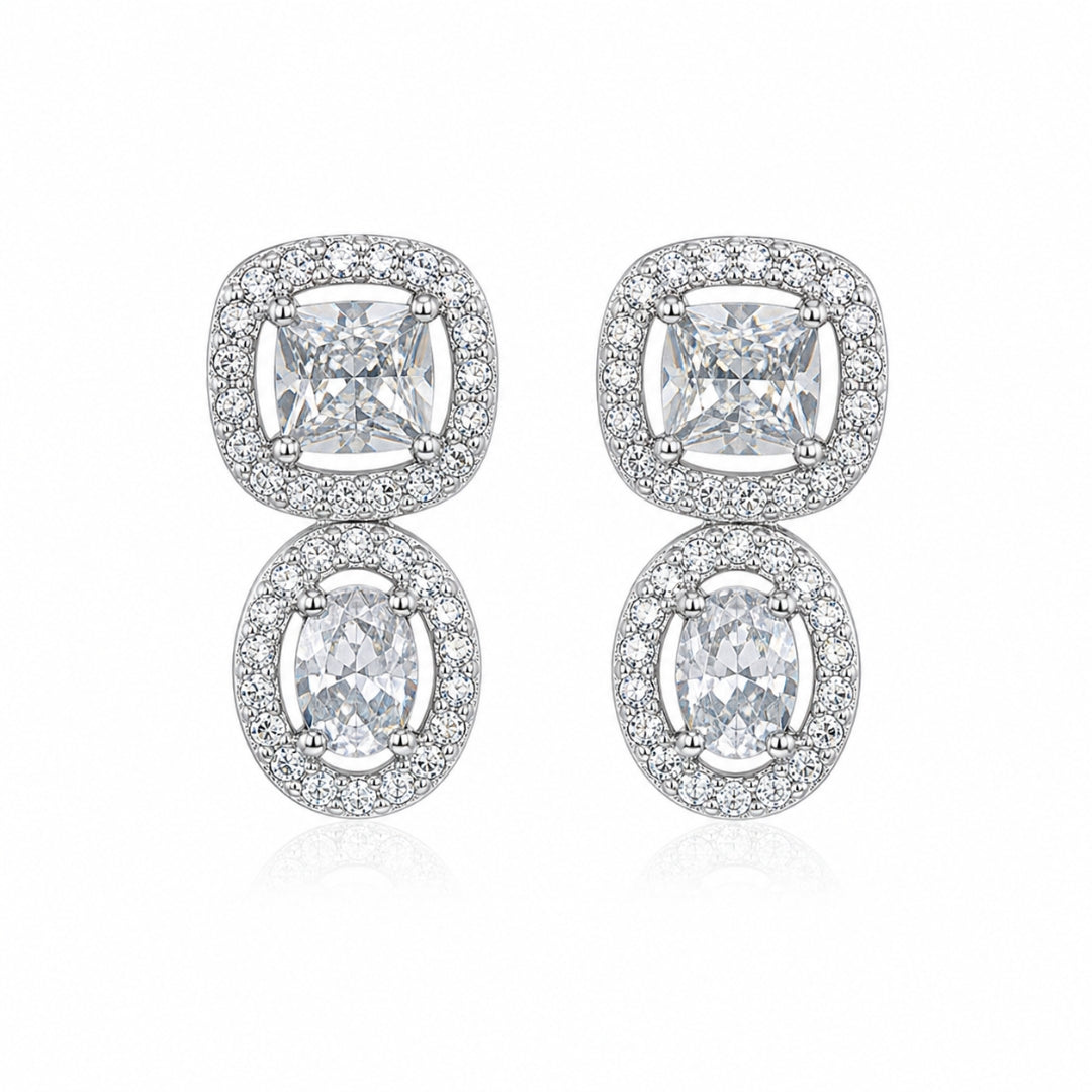 Sterling Silver Cushion & Oval CZ Halo Drop Earrings for Women