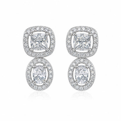Sterling Silver Cushion & Oval CZ Halo Drop Earrings for Women