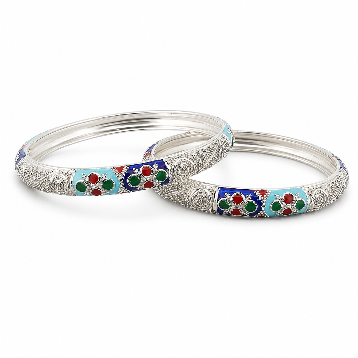 Sterling Silver Sky Blue Floral Meenakari Manipuri Bangle Set for Women