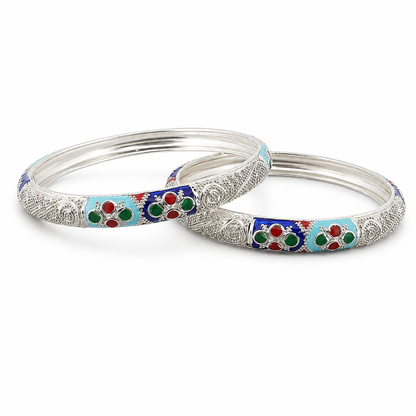 Sterling Silver Sky Blue Floral Meenakari Manipuri Bangle Set for Women