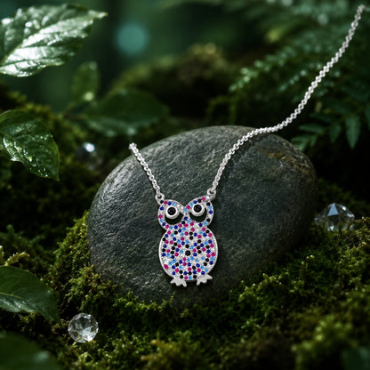 Sterling Silver Multicolour Owl Chain Pendant for Women & Girls