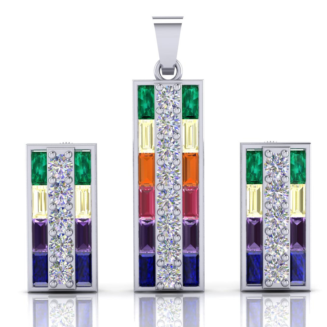 Sterling Silver Multicolor Stone Studded Pendant With Earrings Set for Women and Girls (Without Chain)