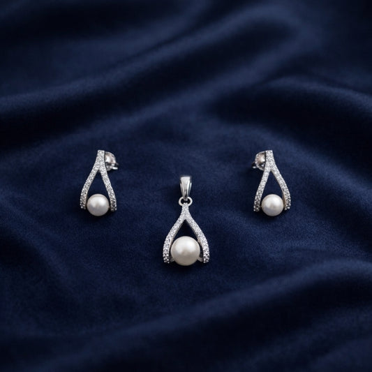 Sterling Silver Pearl harmony pendant with earrings set (Without Chain)for Women