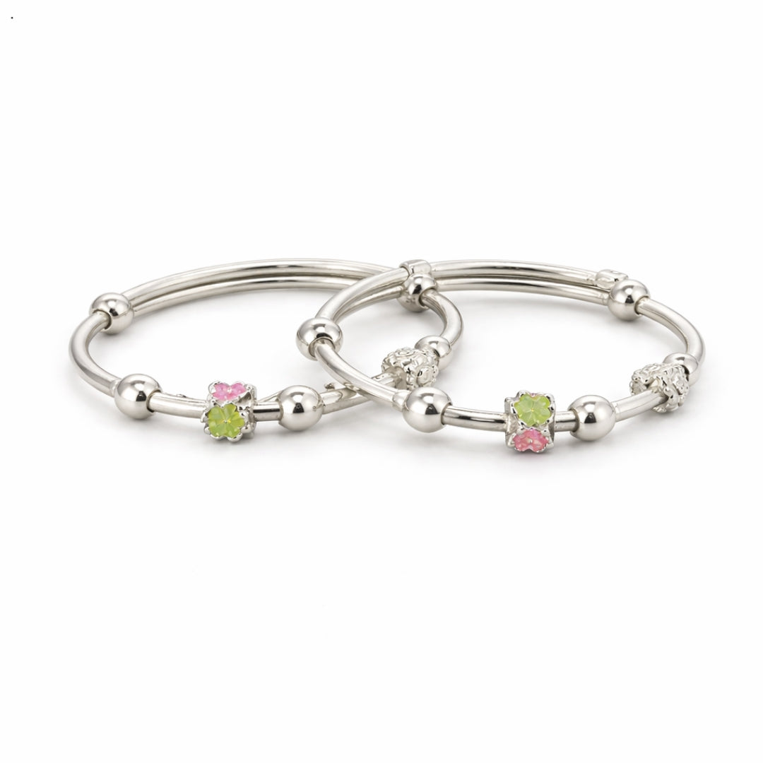 Sterling Silver Kids Adjustable Floral Charm Bangle