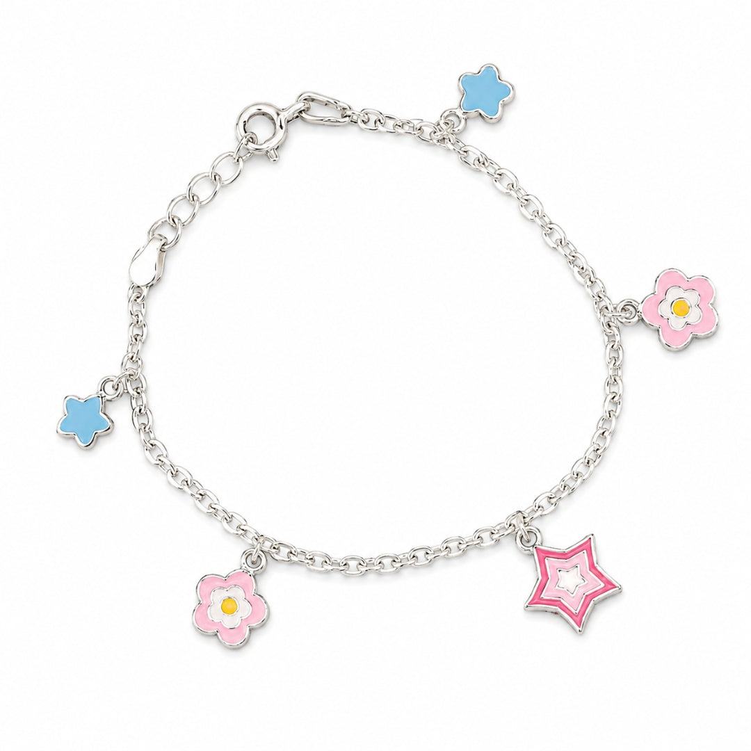 Sterling Silver Flower and Star Charm Bracelet for Kids