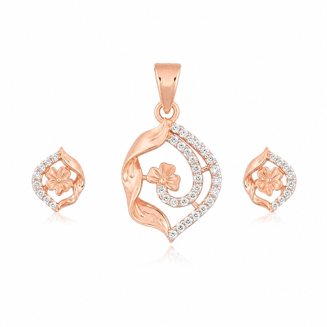 Sterling Silver Rose Gold Plated Floral Leaf Pendant(without chain) with Matching Stud Earrings Set for Women and Girls