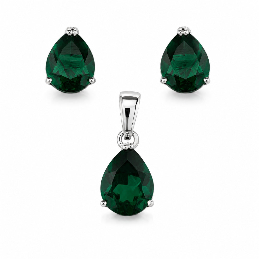 Sterling Silver Green Teardrop Stone Pendant(without chain) with Matching Earring Set for Women and Girls