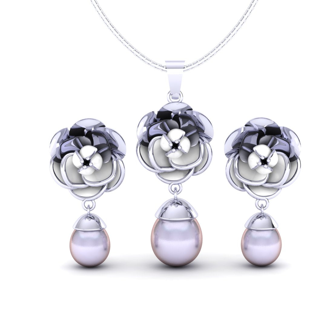 Sterling Silver floral pearl drop chain pendant with earrings for women and girls