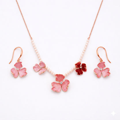 Sterling Silver Rosegold Plated Pink Floral Chain Pendant with Earrings Set for Women