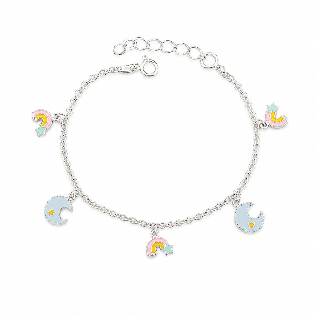 Sterling Silver Rainbow Moon Charm Bracelet for Kids