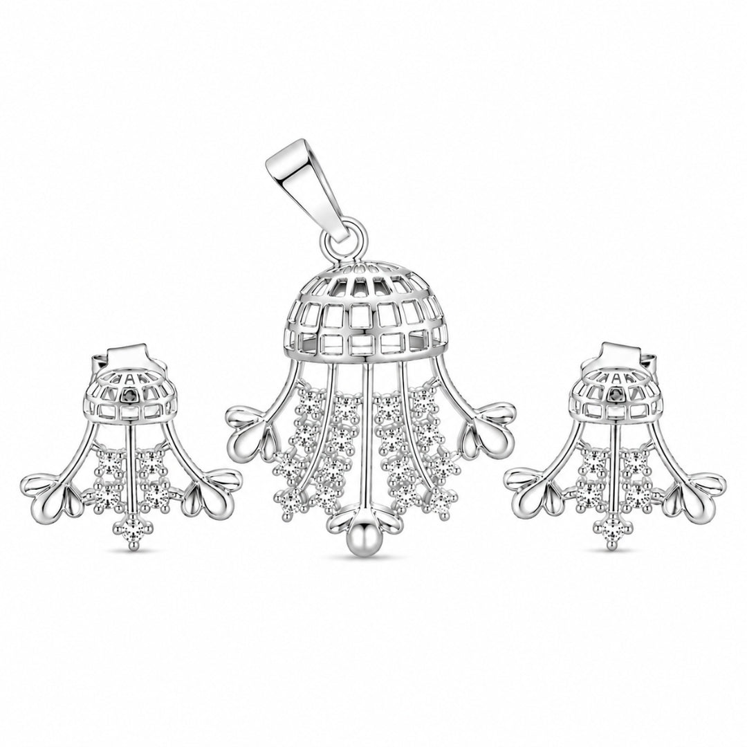 Sterling Silver Bell Motif Cubic Zirconia Pendant(without chain) with Matching Earring Set for Women and Girls