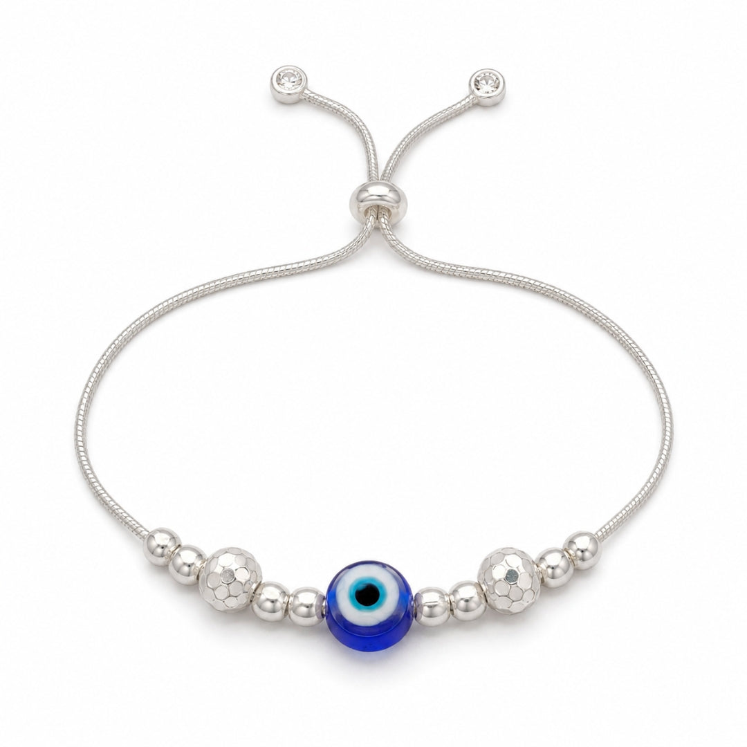 925 Sterling Silver Blue Evil Eye Honeycomb Textured Bead Adjustable Wristlet for Women