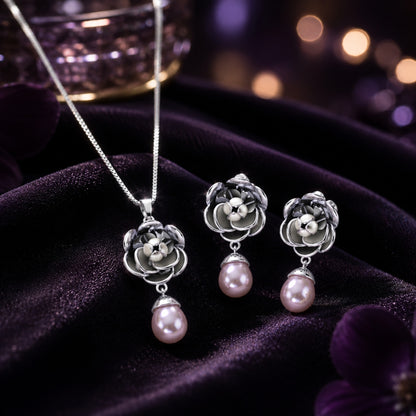 Sterling Silver Floral Pearl Drop Chain Pendant and Earrings Set for Women & Girls