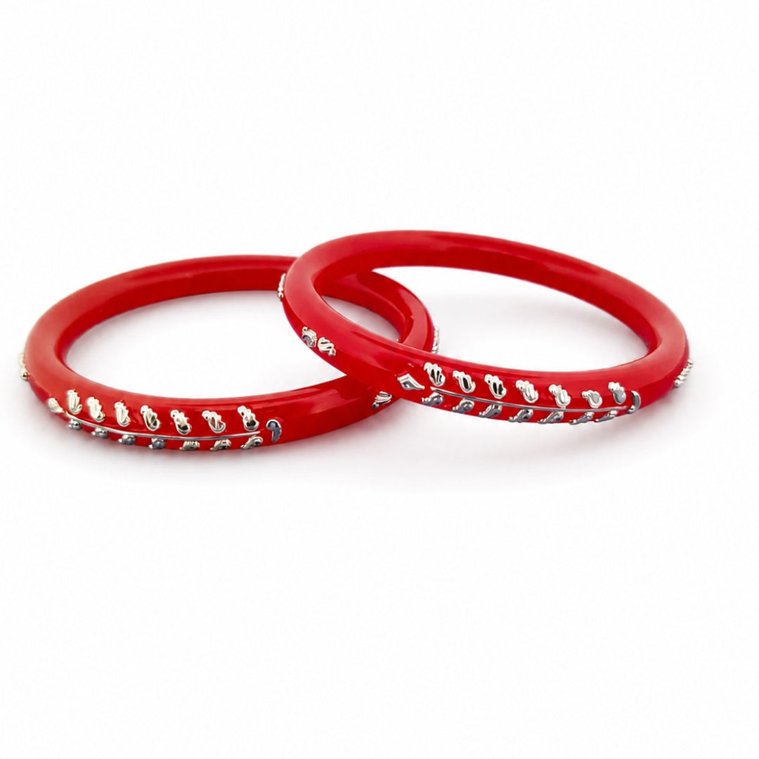 925 Sterling Silver Red Pola Bangle Pair with Floral Motif Detailing for Women