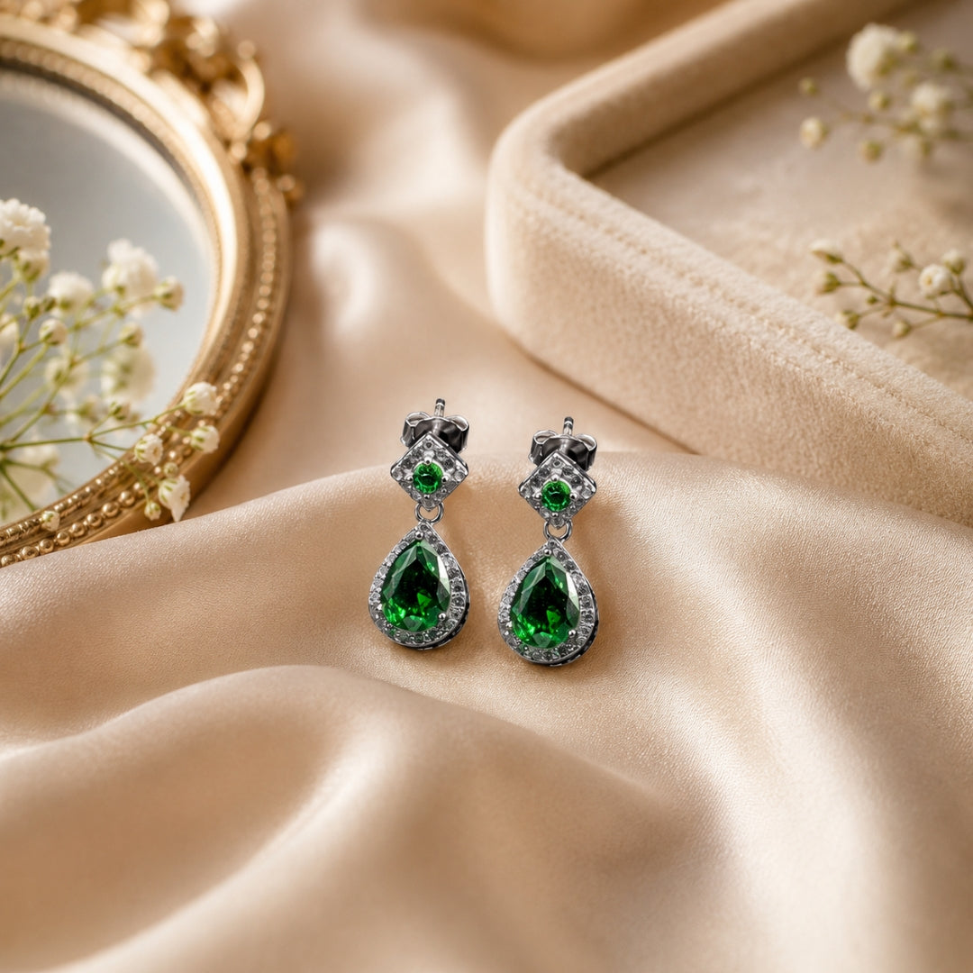 Sterling Silver Green Teardrop Stone Drop Earrings for Women and Girls