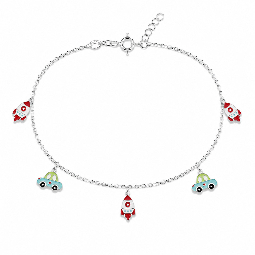 Sterling Silver Space Rocket and Car Charm Bracelet for Kids