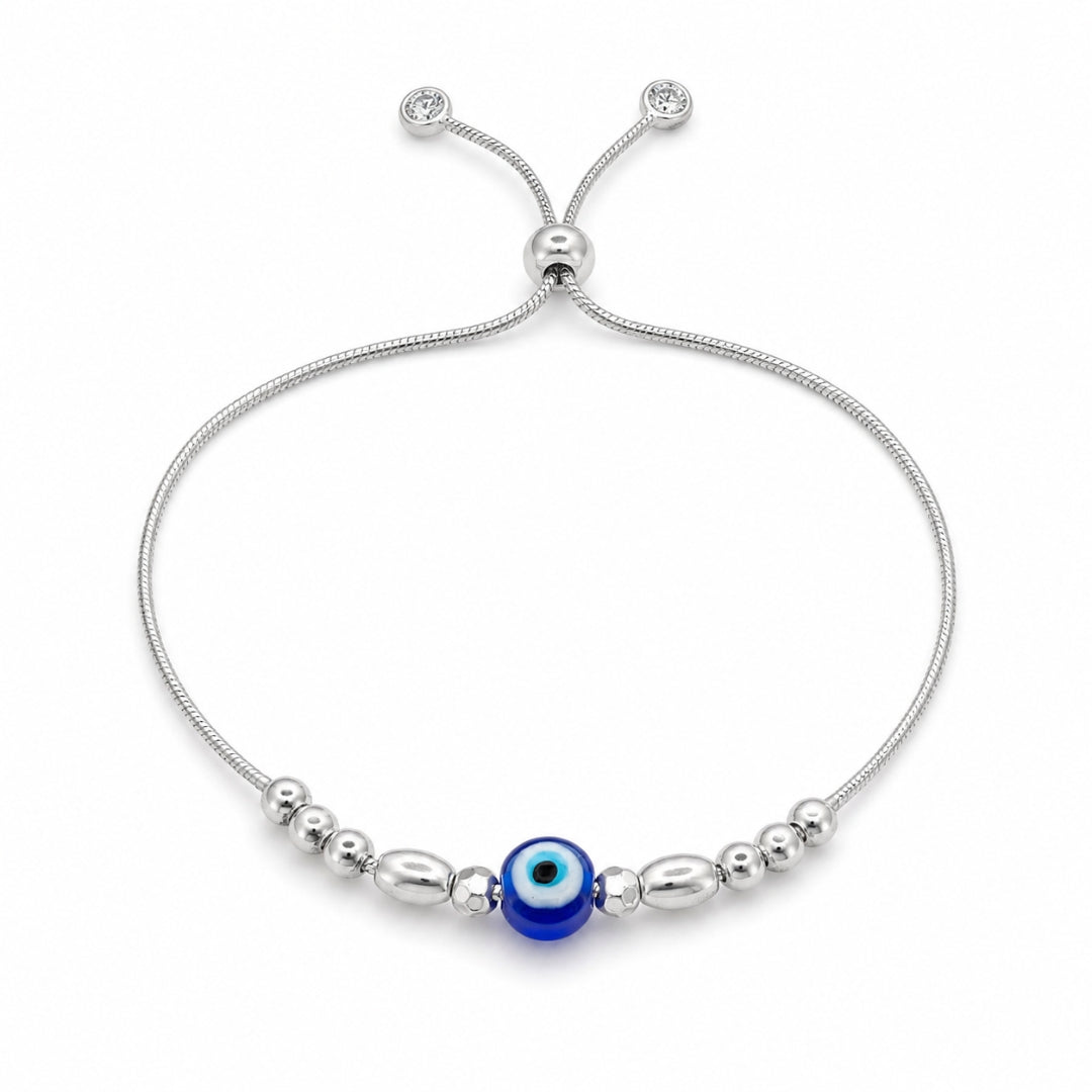 925 Sterling Silver Blue Evil Eye Oval Beads Adjustable Wristlet for Women