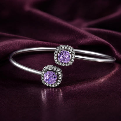 Sterling Silver Open Cuff Bangle with Pink Cushion Cubic Zirconia Halo Stones for Women & Girls