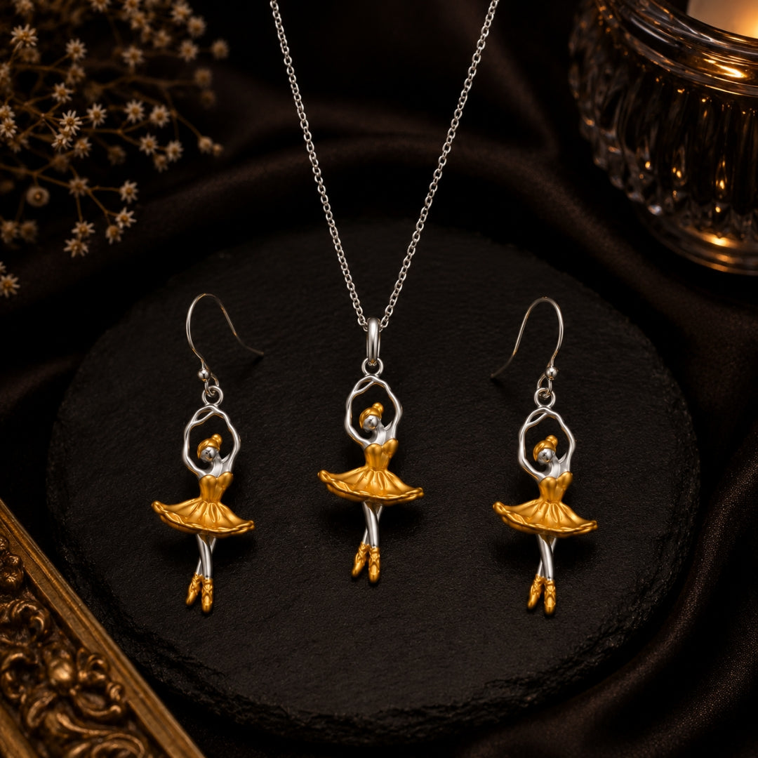 Sterling Silver Two Tone Dancing Doll Pendant with Chain and Earrings Set Women And Girls
