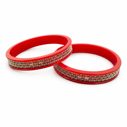 925 Sterling Silver Red Pola Bangle Pair with Traditional Motif Detailing for Women