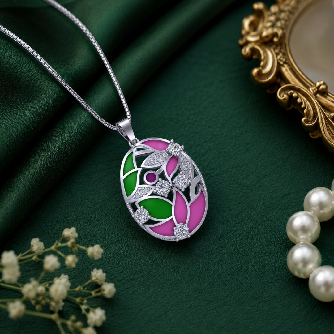 Sterling Silver Meenakari Floral Chain Pendant with Cubic Zirconia for Women and Girls