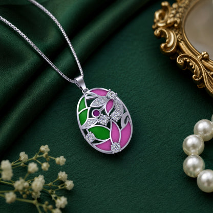 Sterling Silver Meenakari Floral Chain Pendant with Cubic Zirconia for Women and Girls