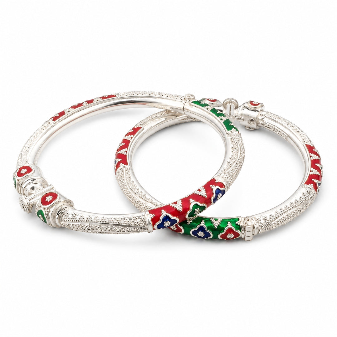 Sterling Silver Dark Green and Red Manipuri Bangle for Women