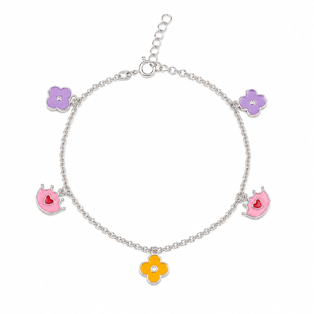 Sterling Silver Colourful Crown and Flower Charm Bracelet for Kids