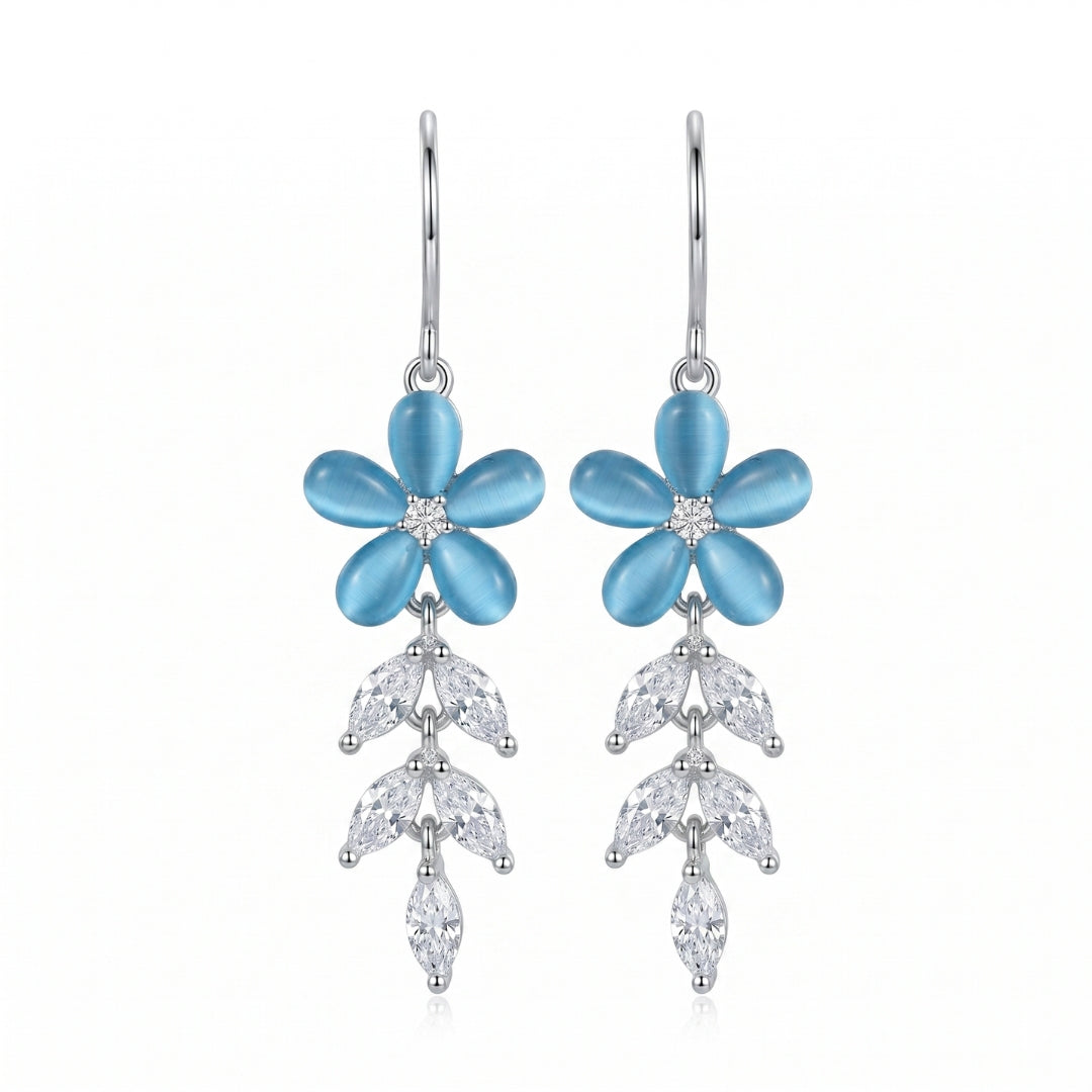Sterling Silver Persian Blue Floral CZ Leaf Dangler Earrings for Women