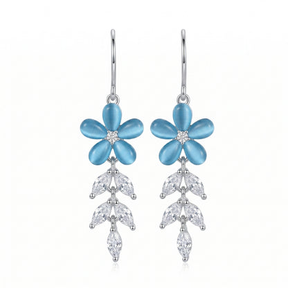 Sterling Silver Persian Blue Floral CZ Leaf Dangler Earrings for Women