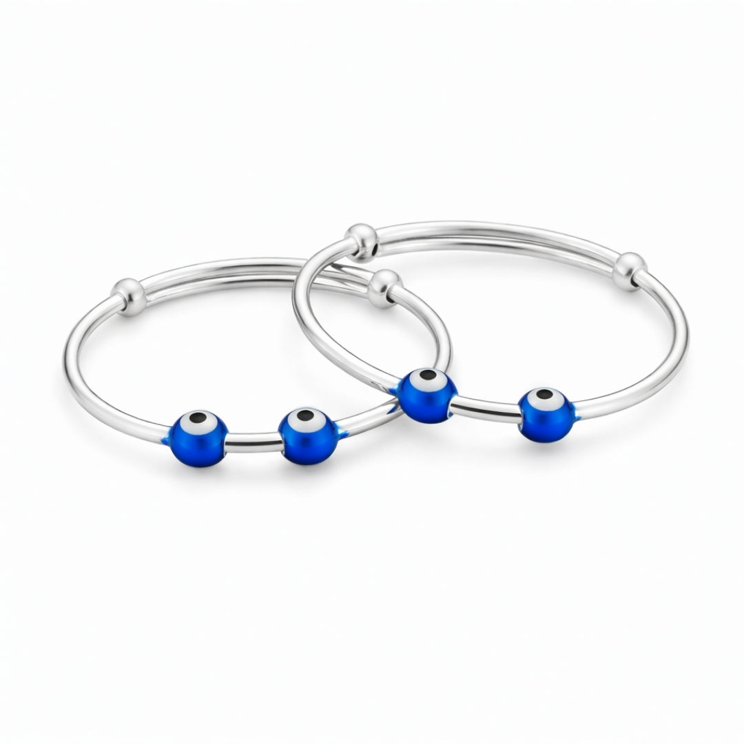 Sterling Silver Kids Adjustable Dual Evil Eye Nazariya Bangle