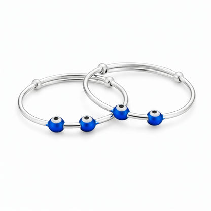 Sterling Silver Kids Adjustable Dual Evil Eye Nazariya Bangle