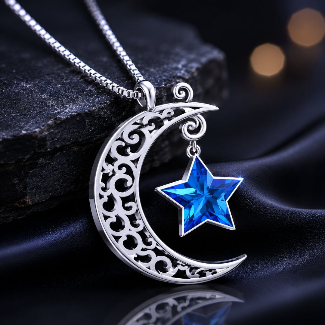 Sterling Silver Shining Moon Blue Star Pendant with Chain for Women and Girls