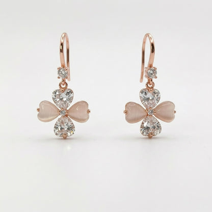 Sterling Silver Rosegold Plated Floral Clover Drop Earrings for Women