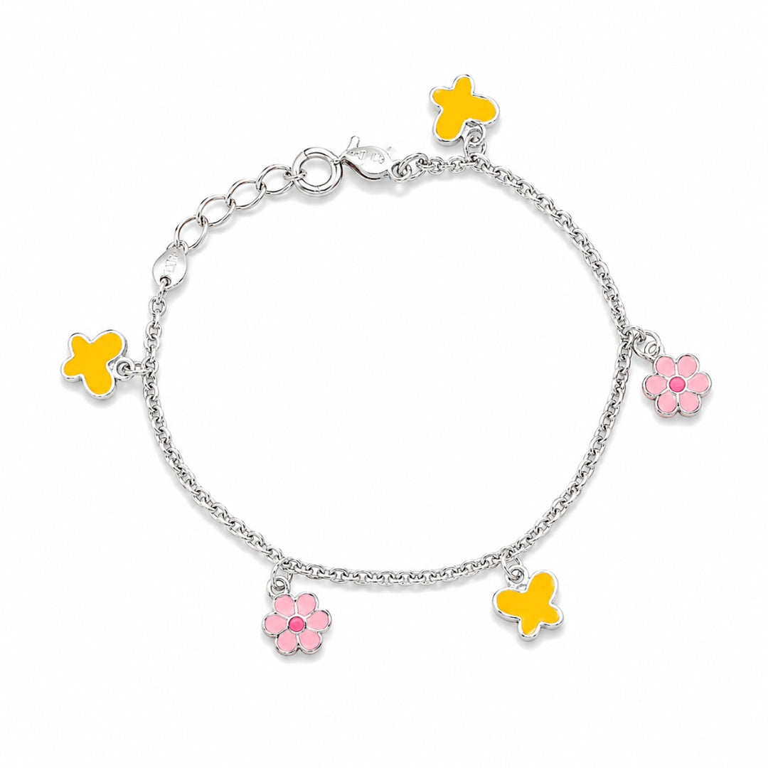 Sterling Silver Butterfly & Flower Enamel Charm Bracelet for Kids