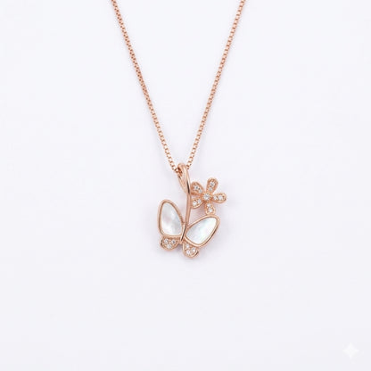 Sterling Silver Rose Gold Floral Butterfly Chain Pendant for Women