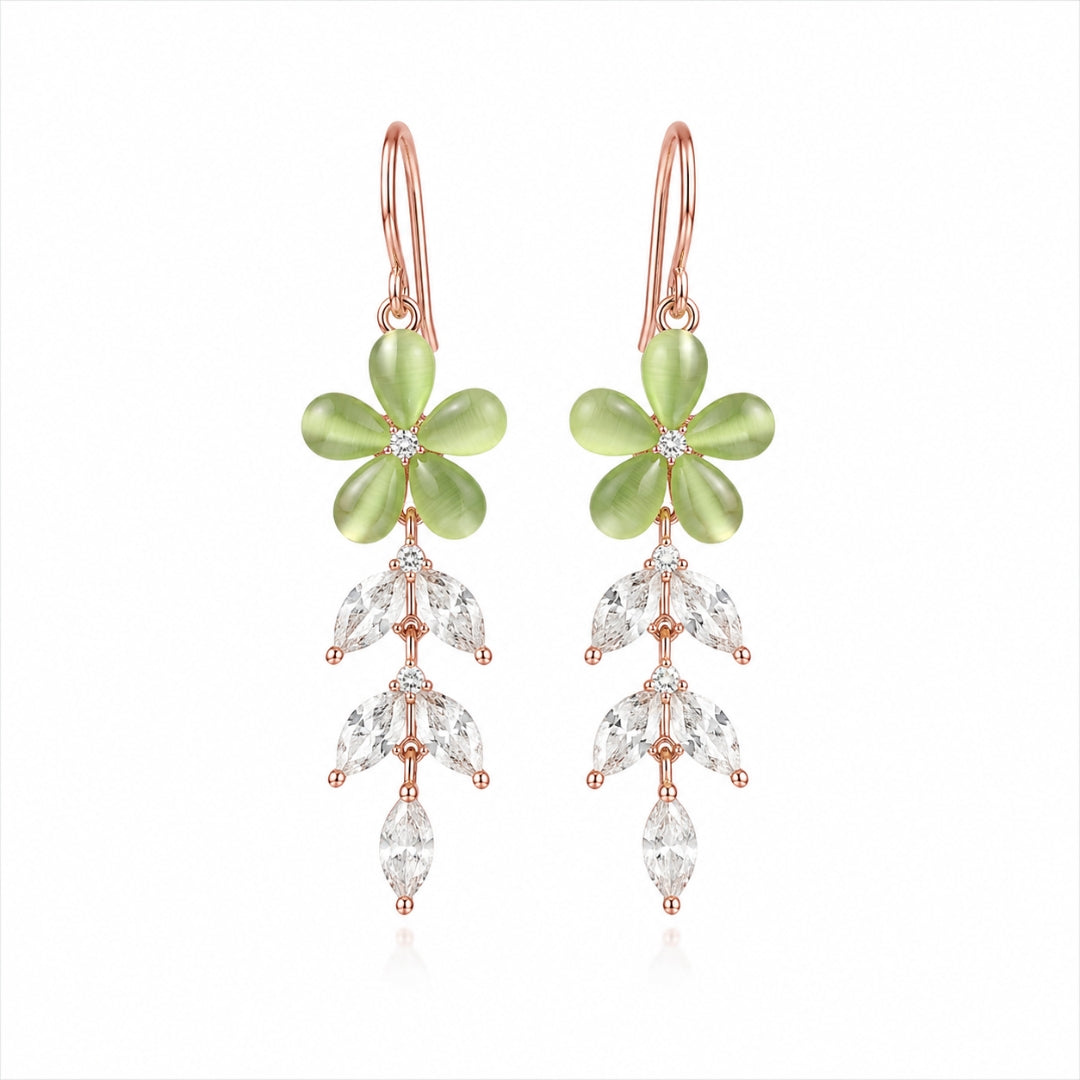 Sterling Silver Rose Gold Plated Green Floral CZ Leaf Dangler Earrings for Women