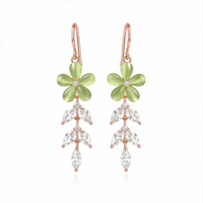 Sterling Silver Rose Gold Plated Green Floral CZ Leaf Dangler Earrings for Women